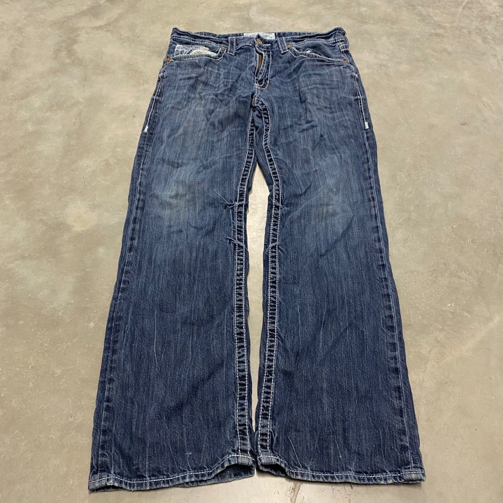 Big Star Pioneer Mens Jeans 36R Dark Wash Straight Leg Thick Stitch Embroidered